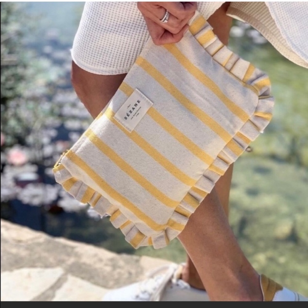 Sezane Frou Frou Striped Clutch Yellow and White with Ruffles